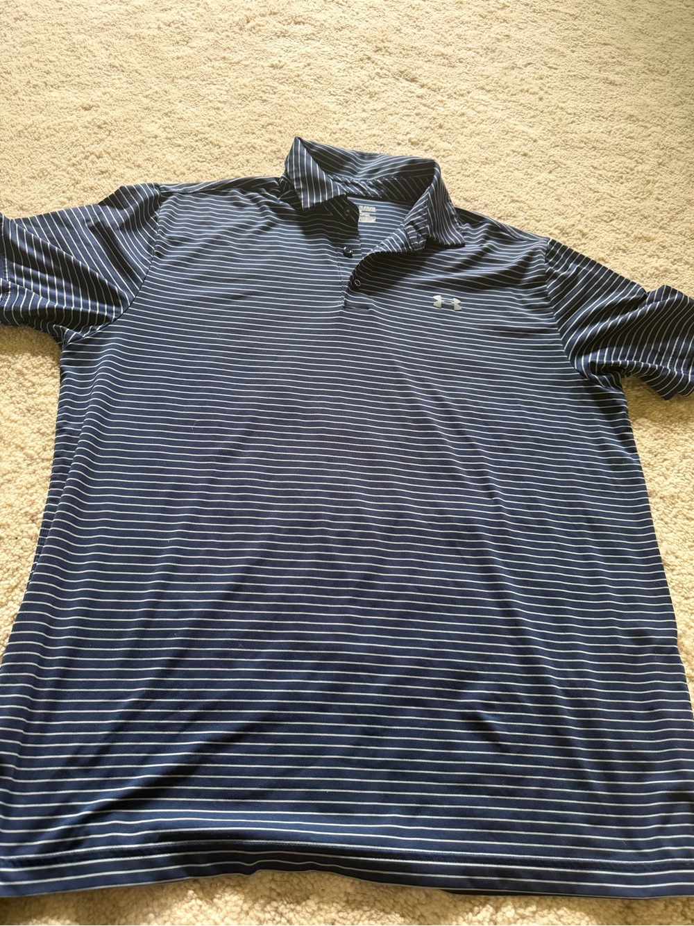 Under Armour Polo Shirt Mens Large HeatGear Blue White Striped Golf Performance